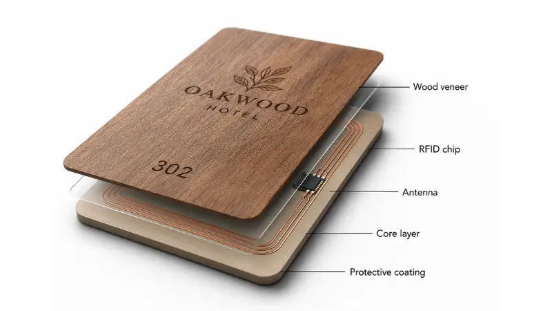 Close-up structure of an RFID wooden hotel key card showing wood veneer, chip, antenna, core layer, and protective coating Close-up structure of an RFID wooden hotel key card showing wood veneer, chip, antenna, core layer, and protective coating
