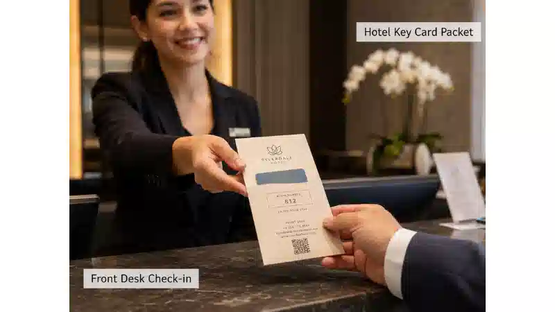 Hotel front desk staff handing a hotel key card packet to a guest during check-in Hotel front desk staff handing a hotel key card packet to a guest during check-in