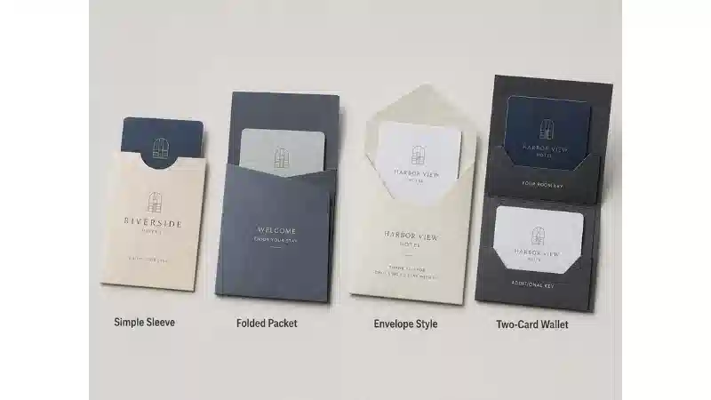 Comparison of hotel key card packet formats including sleeve, folded packet, and two-card wallet Comparison of hotel key card packet formats including sleeve, folded packet, and two-card wallet